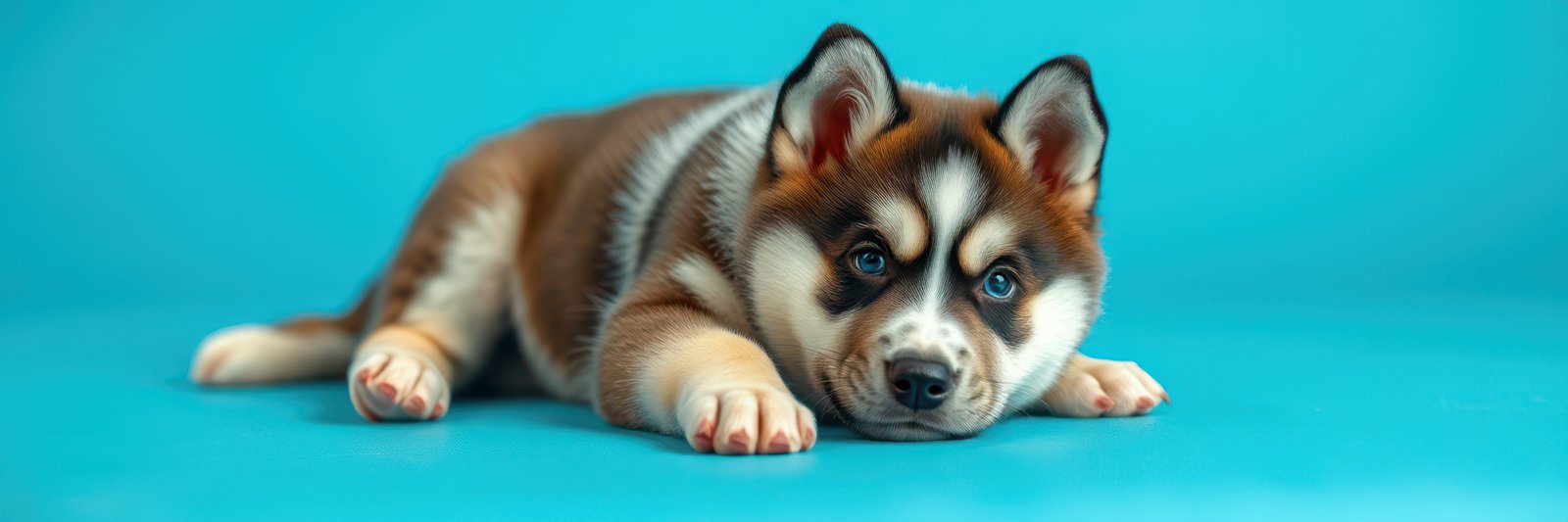 Cute husky puppy resting on a vibrant blue background with expressive blue eyes and fluffy coat